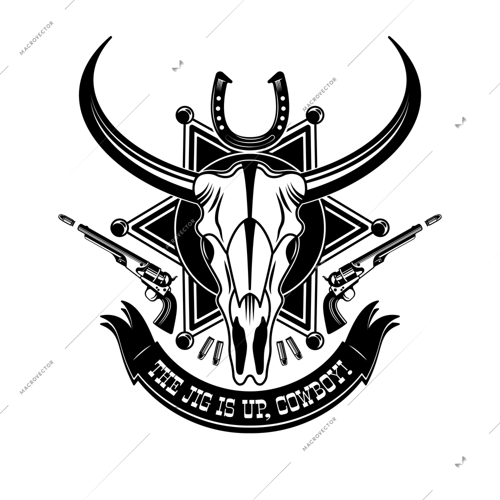 Cowboy animal skull emblem logo typography with the jig is up cowboy headline vector illustration