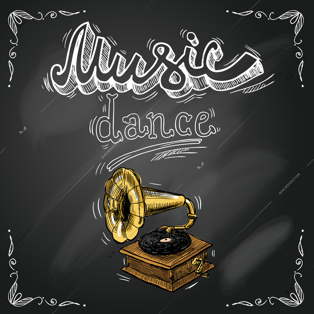 Retro vintage gramophone in sketch style on chalkboard background for dance party poster flyer vector illustration