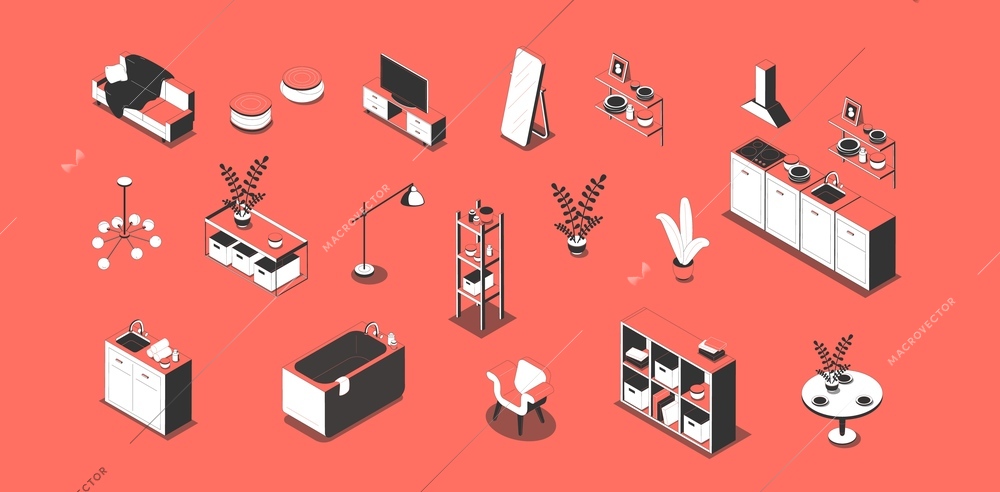 Set with isolated apartment furniture isometric images and icons of various interior elements for modern home vector illustration