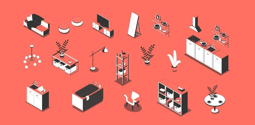 Set with isolated apartment furniture isometric images and icons of various interior elements for modern home vector illustration