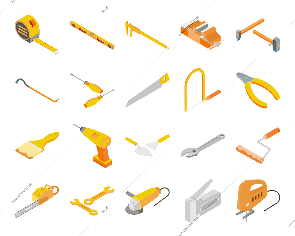 Building tool set of isometric icons and isolated images of professional instruments and pieces of equipment vector illustration