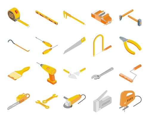 Building tool set of isometric icons and isolated images of professional instruments and pieces of equipment vector illustration