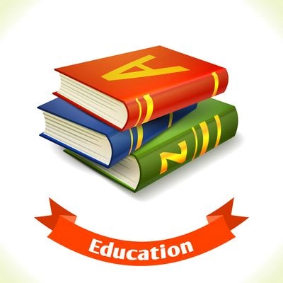 Realistic school education textbook icon with ribbon banner isolated on white background vector illustration