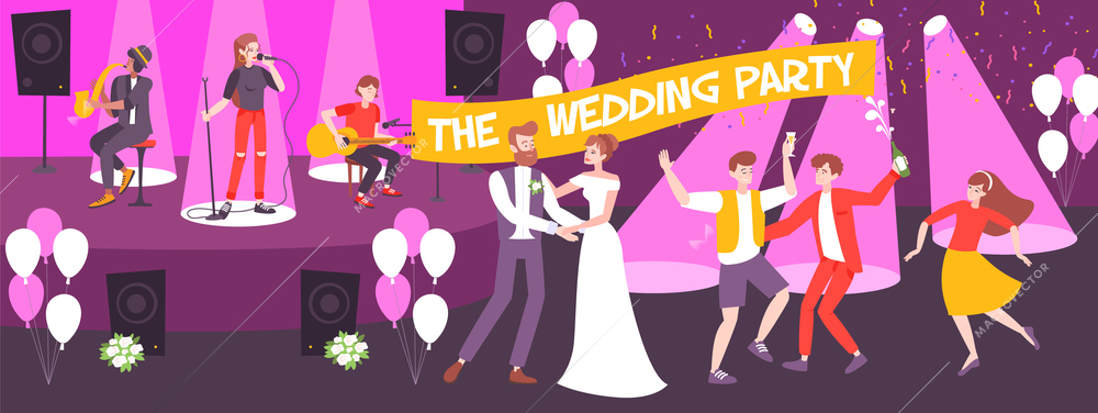 Wedding party in restaurant horizontal banner with musicians on stage and dancing newlyweds and guests vector illustration