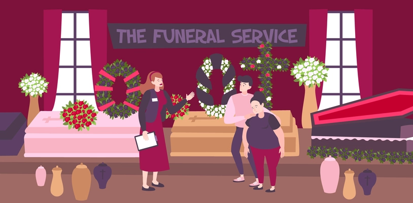 Funeral service banner with employee and sad family choosing coffin and funeral wreaths in agency interior flat vector illustration