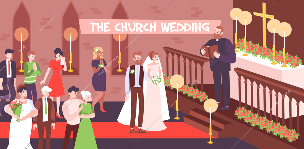 Wedding religious ceremony in church with couple getting married and priest at altar vector illustration