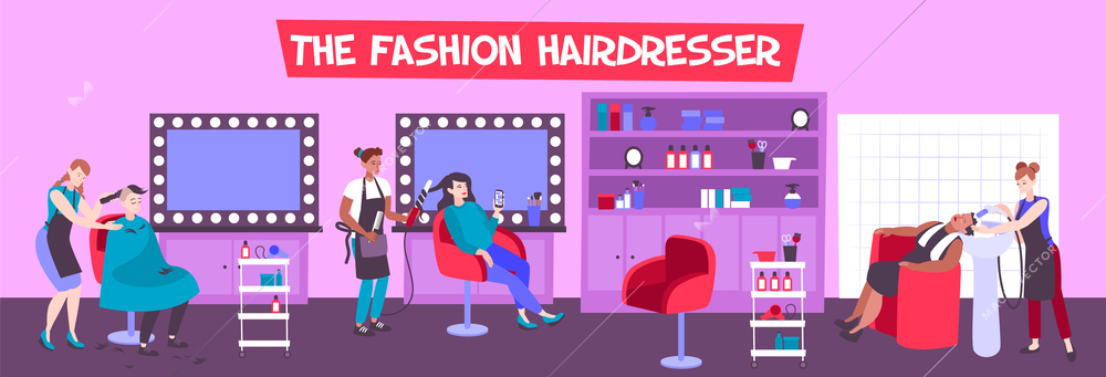 Hair salon interior with customers and hairdressers creating fashionable hairstyles flat vector illustration