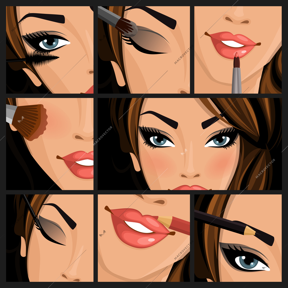 Make-up beauty woman set of lips eyes face on black background vector illustration