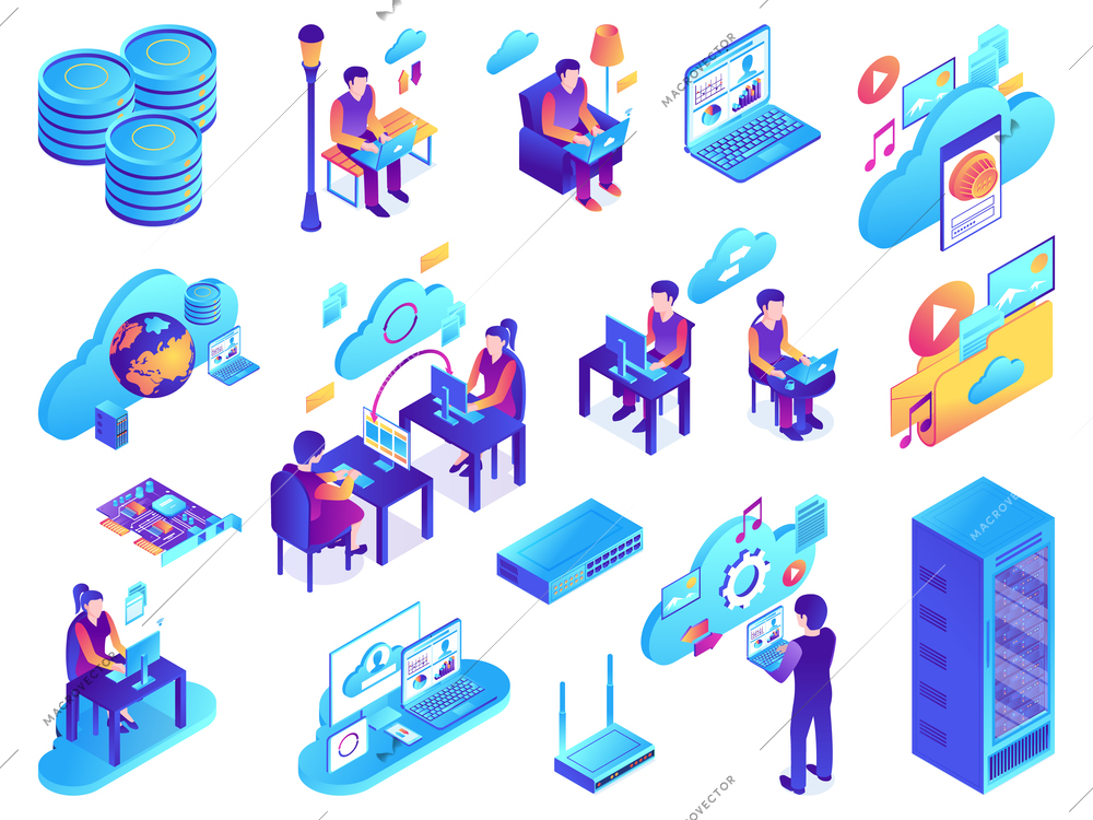 Isometric cloud services set with isolated images of network infrastructure elements with icons pictograms and people vector illustration