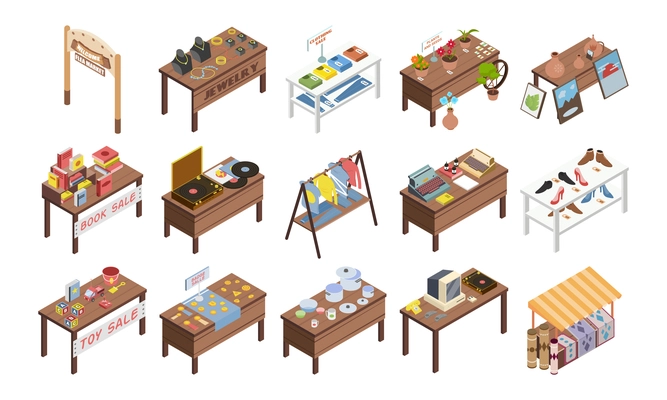 Set of isolated flea market garage isometric images with wooden tables and stalls with various goods vector illustration