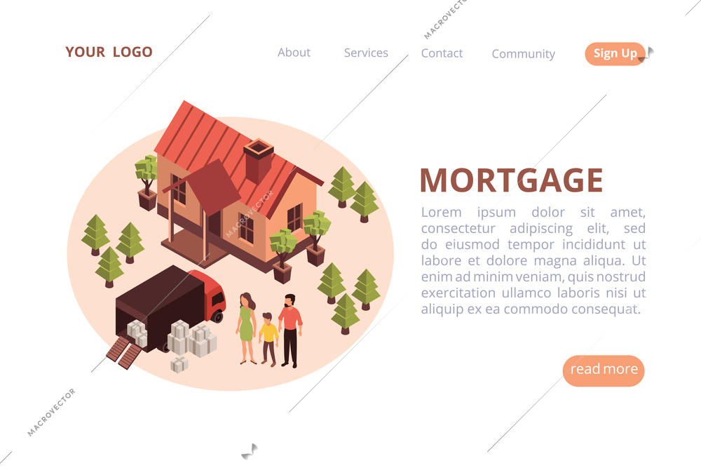 Mortgage web banner isometric website background with round composition and clickable links with text and buttons vector illustration