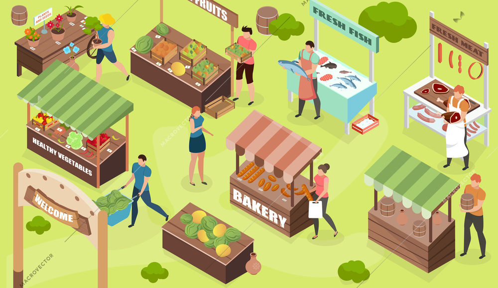 Bazaar isometric composition with outdoor view of market stalls selling food and goods with human characters vector illustration