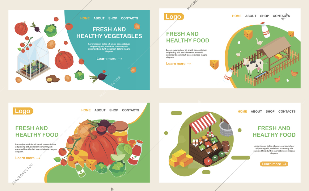 Organic food web isometric web site landing pages set with isometric images clickable links and text vector illustration