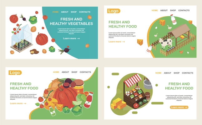 Organic food web isometric web site landing pages set with isometric images clickable links and text vector illustration