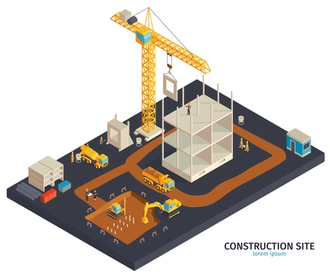 Isometric construction composition with platform and building yard ground area tower cranes trucks and human characters vector illustration