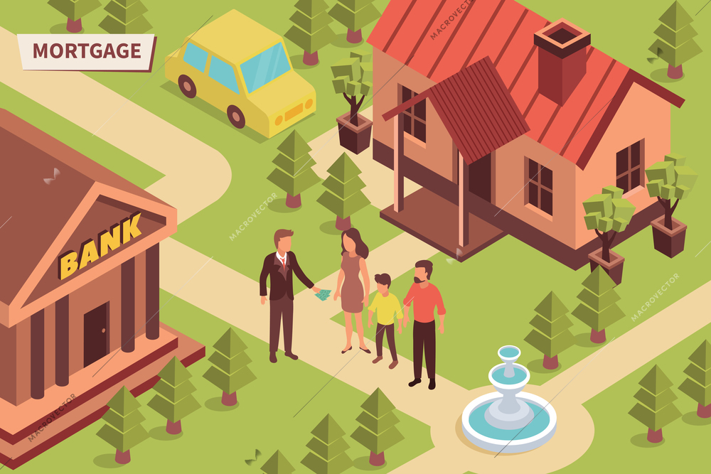 Mortgage bank isometric outdoor composition with human characters of bank agent and family with house buildings vector illustration