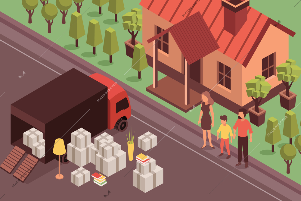 New home isometric composition with outdoor scenery and family in front of house with delivery truck vector illustration