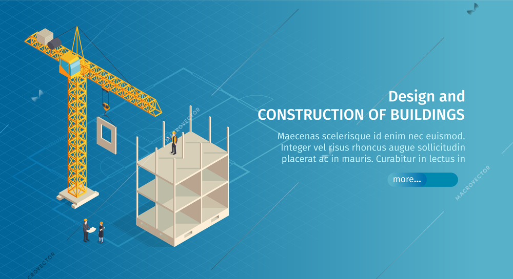 Isometric construction horizontal banner with slider button text and images of crane with half-constructed building vector illustration