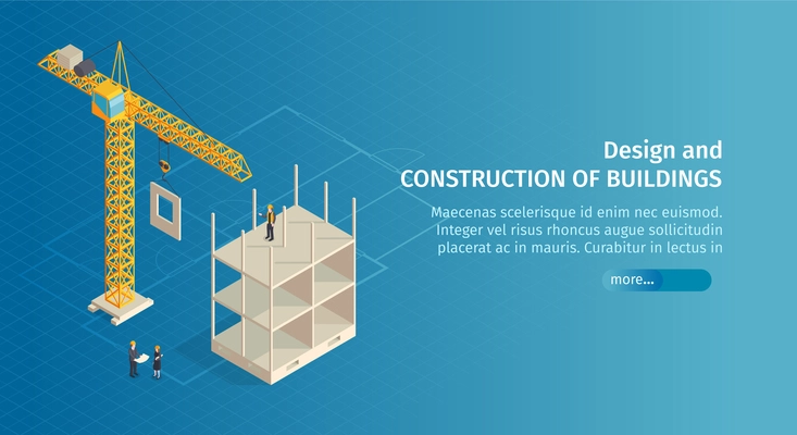 Isometric construction horizontal banner with slider button text and images of crane with half-constructed building vector illustration