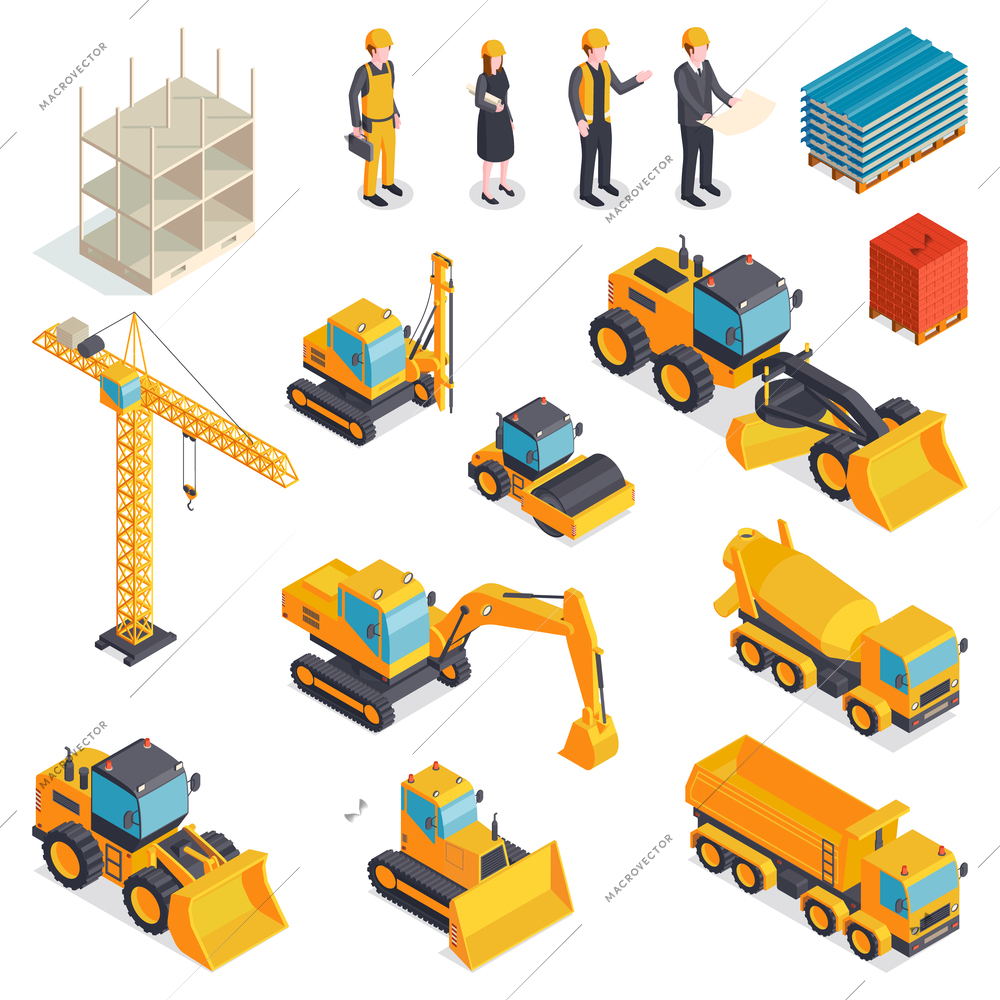 Isometric construction set with isolated images of orange vehicles building machinery materials human characters of builders vector illustration