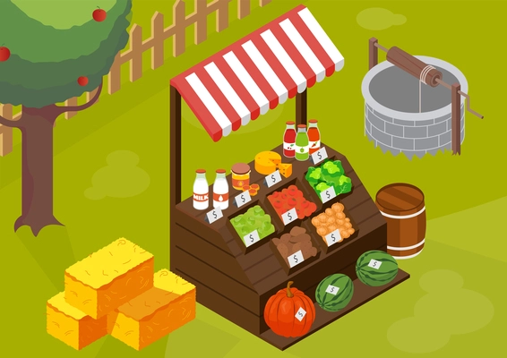 Farmers market isometric composition with outdoor view of wooden market stall with self-made farm products vector illustration