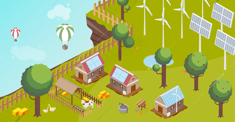 Countryside composition with windmill solar energy battery and baloons isometric vector illustration