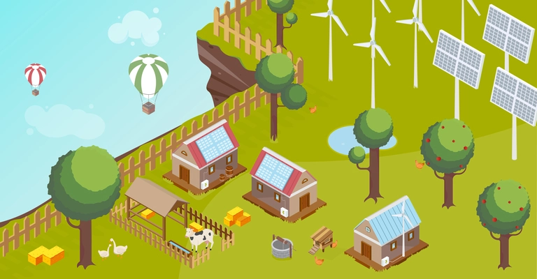 Countryside composition with windmill solar energy battery and baloons isometric vector illustration