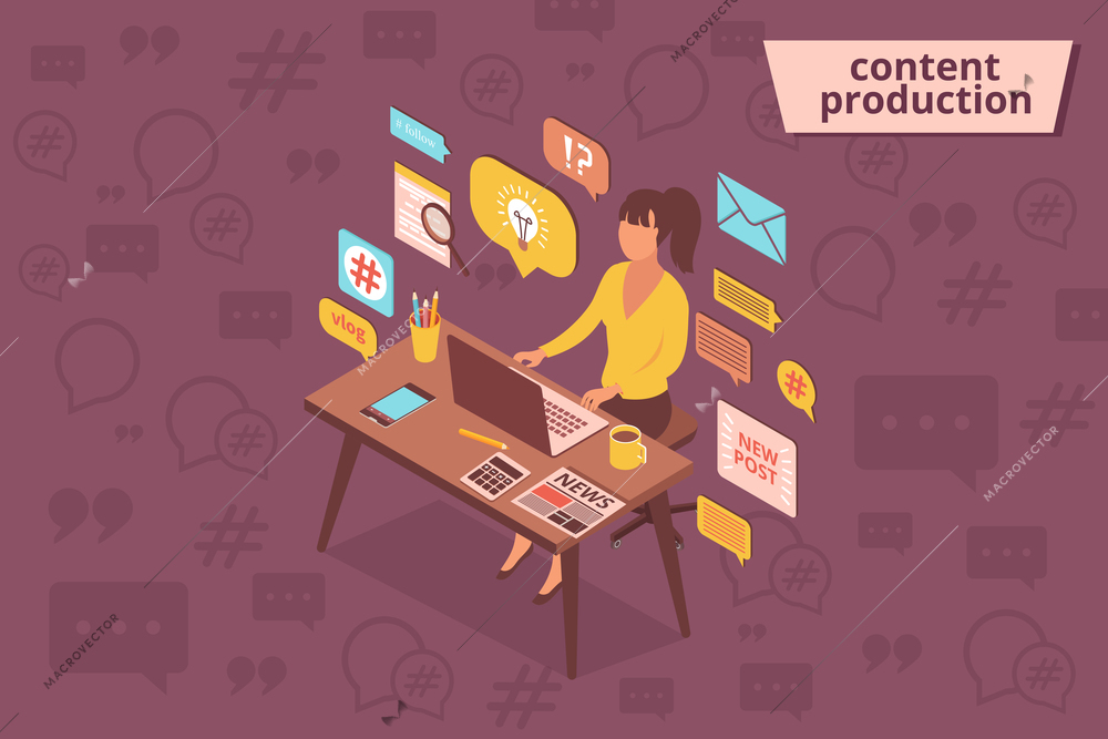 Blog content composition with isometric images of female character at working table surrounded by pictogram icons vector illustration