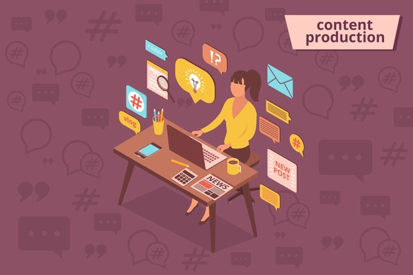 Blog content composition with isometric images of female character at working table surrounded by pictogram icons vector illustration
