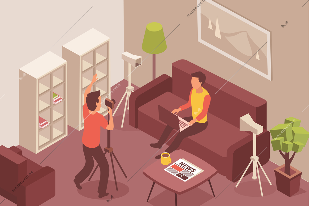 Blogger isometric composition with domestic environment furniture and video blog shooting process with faceless human characters vector illustration