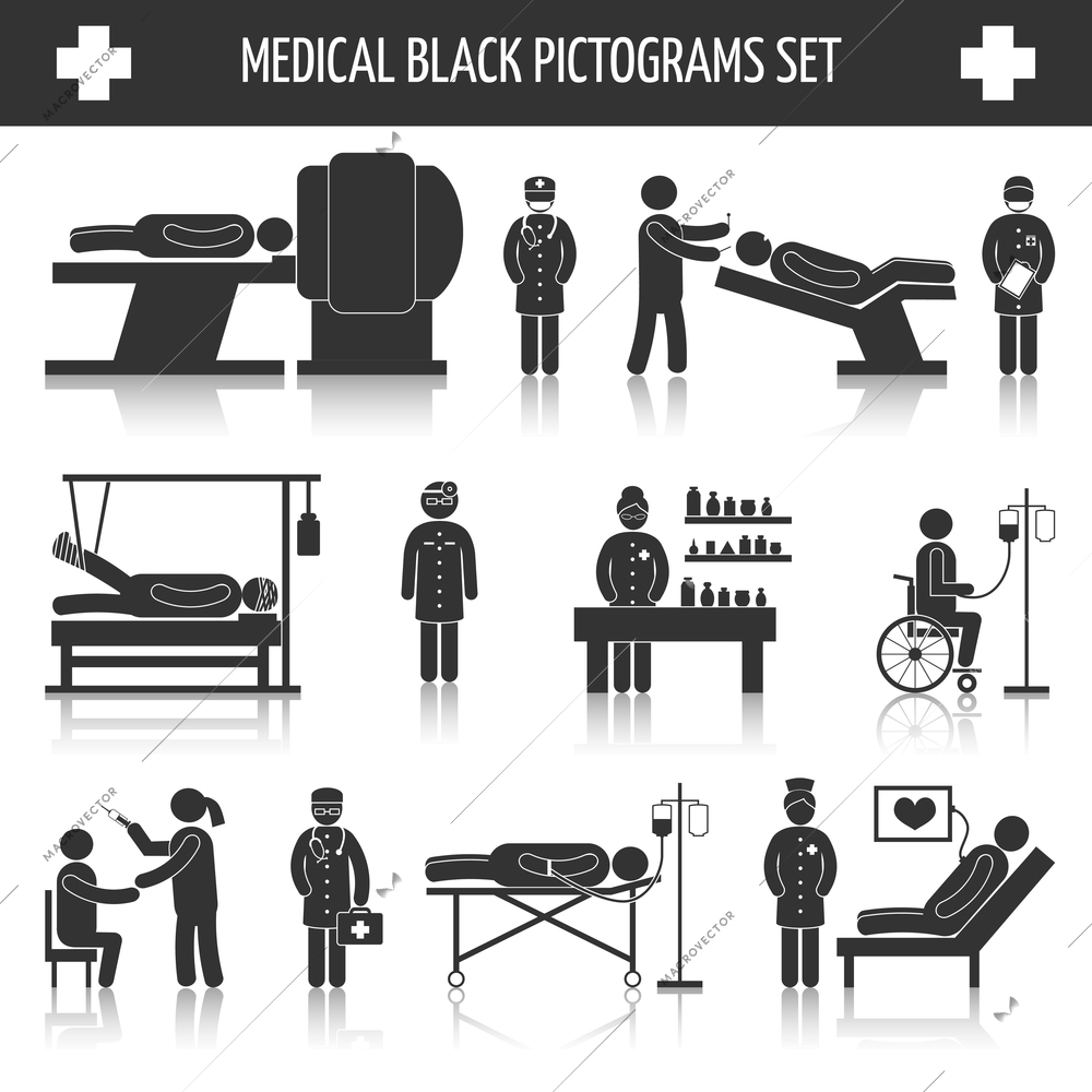 Medical hospital ambulance emergency healthcare services black pictograms set isolated vector illustration