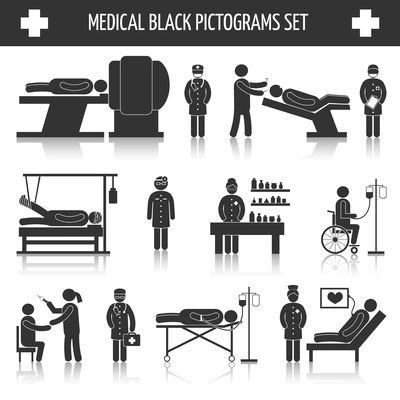 Medical hospital ambulance emergency healthcare services black pictograms set isolated vector illustration