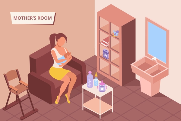 Mothers room lactation breastfeeding zone isometric composition with indoor view of mother feeding child with breast vector illustration
