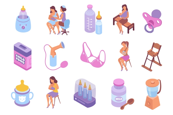 Breastfeeding set with isometric icons of bras child food and human characters isolated on blank background vector illustration