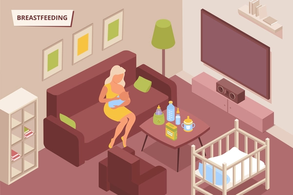 Breastfeeding home composition with isometric images of nursing mother and baby in domestic environment with text vector illustration