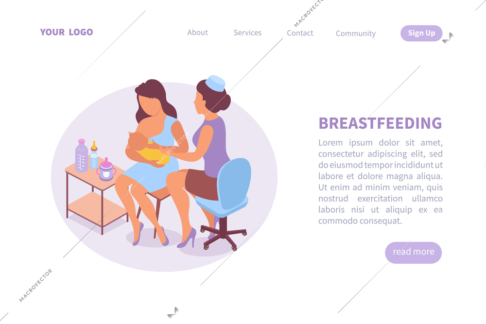 Breastfeeding web page isometric website with clickable links buttons and images of nursing with human characters vector illustration