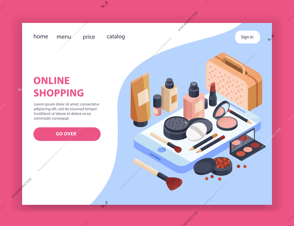 Cosmetics shopping page design with price and catalog symbols isometric vector illustration