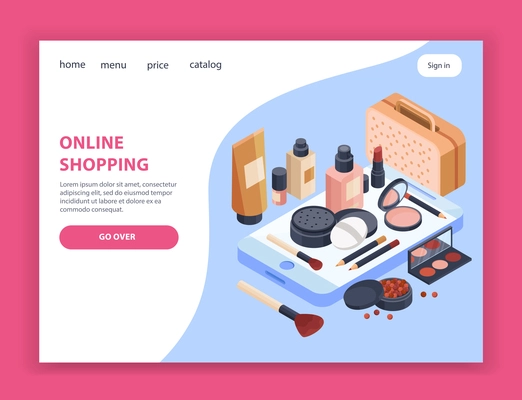 Cosmetics shopping page design with price and catalog symbols isometric vector illustration