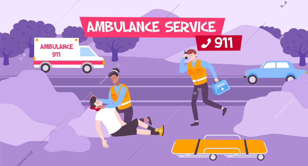 Ambulance service vector illustration with team of doctors provided first aid to patient outdoor