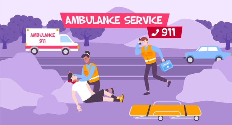 Ambulance service vector illustration with team of doctors provided first aid to patient outdoor