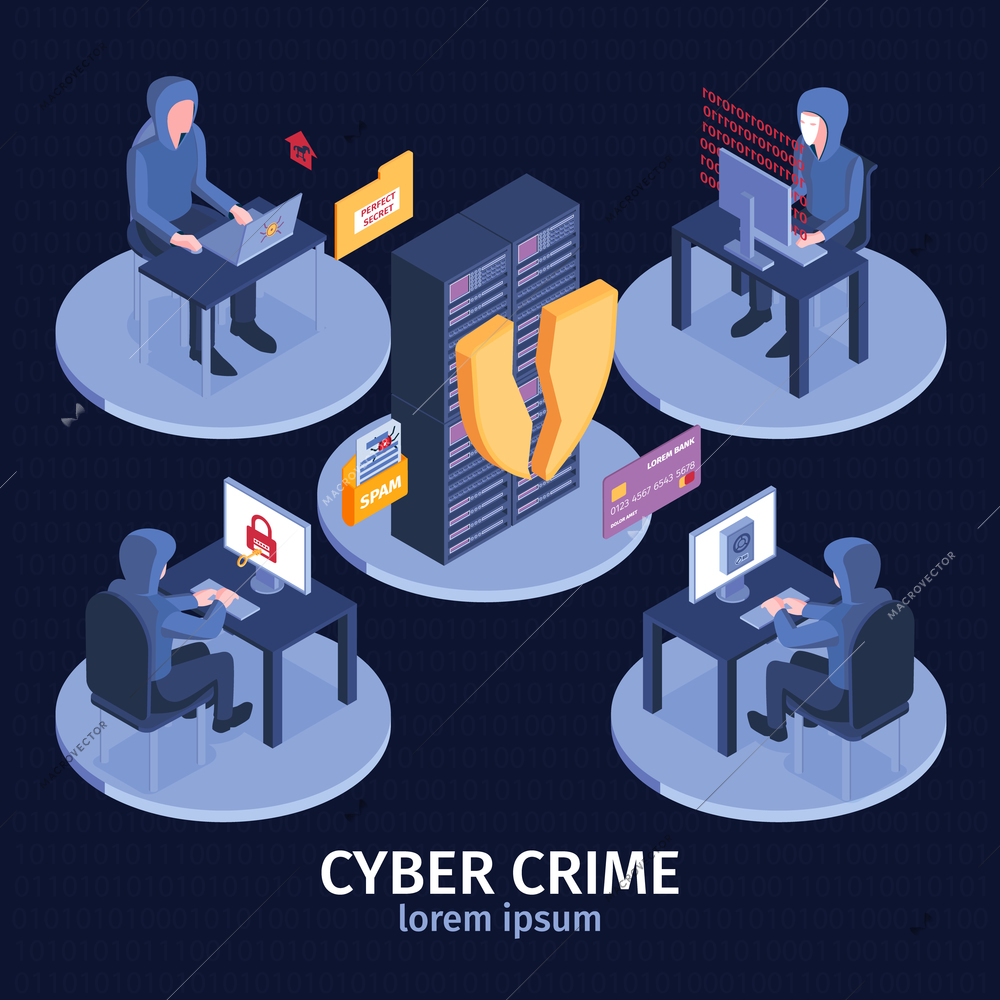 Isometric hacker composition with set of round platforms and characters of cyber criminals at computer tables vector illustration