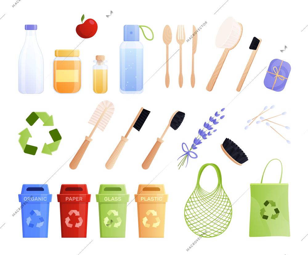 Isolated eco goods flat icon set with different recycle equipment for garbage bottle cutlery and goods for bath and body vector illustration