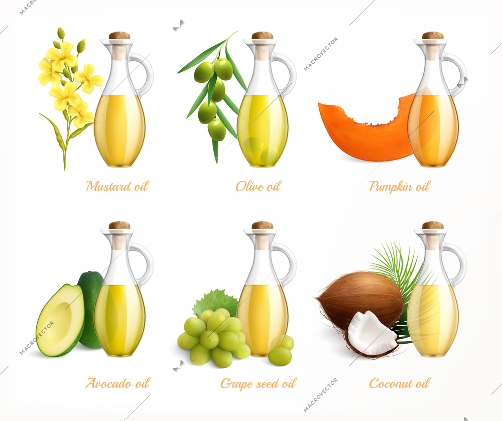 Food oils realistic icon set with mustard olive pumpkin avocado grape seed and coconut oils vector illustration