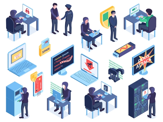 Isometric hacker set of isolated icons and images of computer screens pictograms and characters of cybercriminals vector illustration