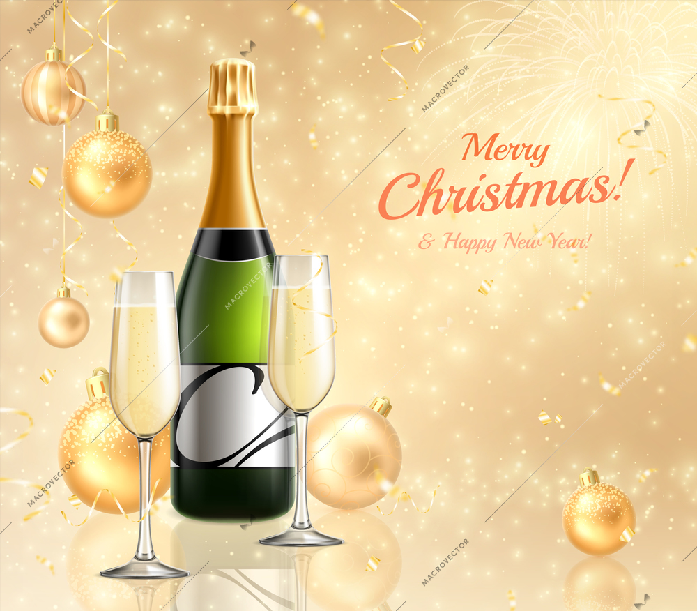 Background realistic champagne new year with green bottle and champagne glass on golden background vector illustration