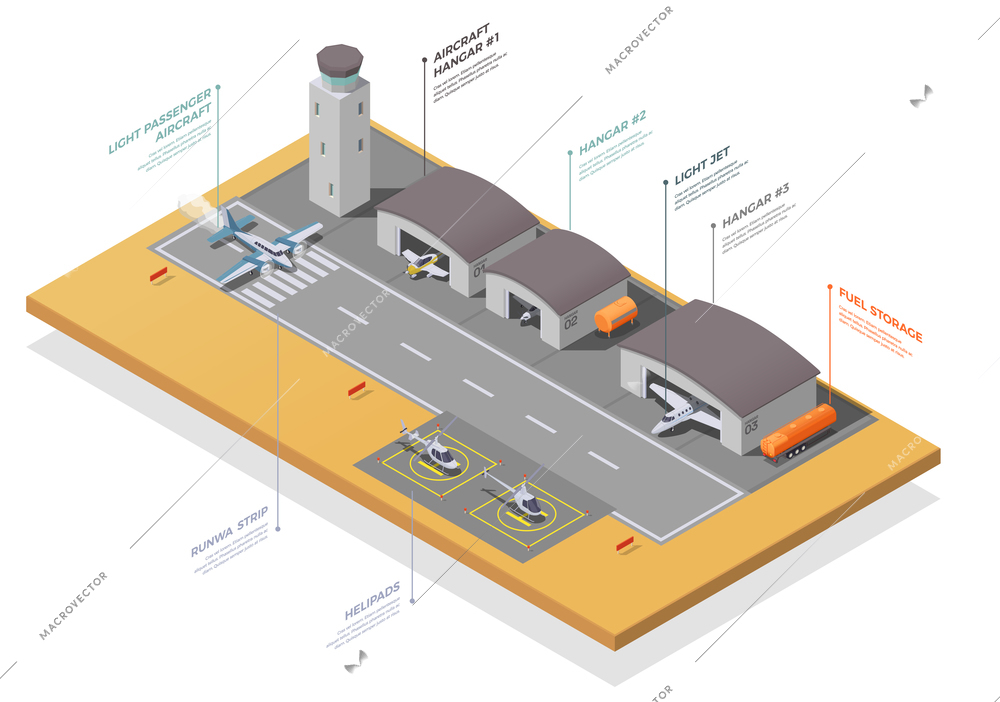 Small air transport hangers and take off strip isometric composition 3d vector illustration