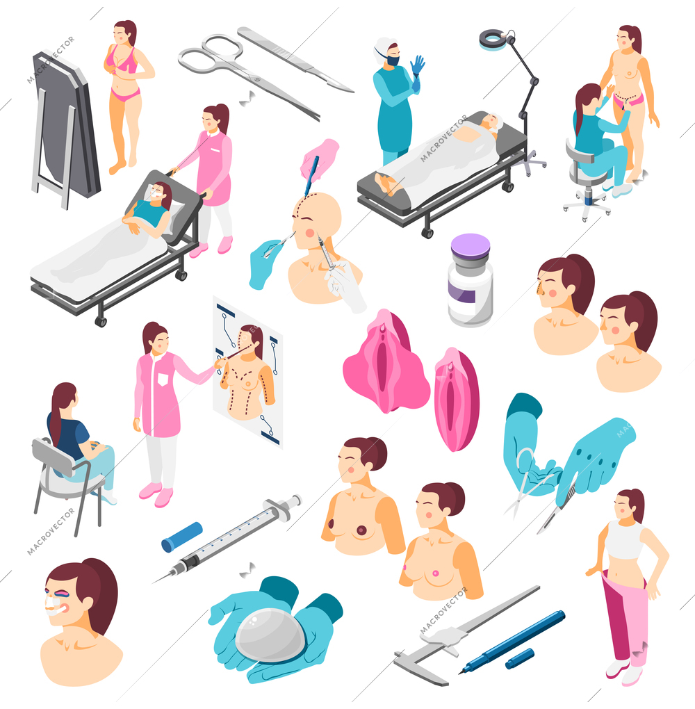 Plastic surgery icons set with medical instruments doctors and people before and after operation 3d isometric isolated vector illustration