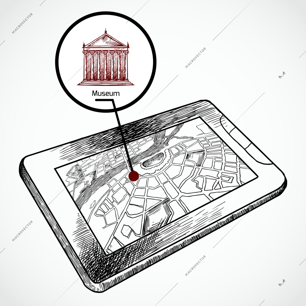 Sketch draw tablet pc with navigation map and find museum building vector illustration