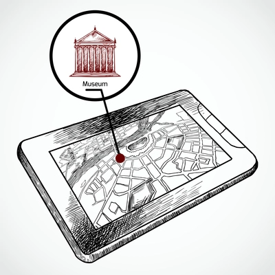 Sketch draw tablet pc with navigation map and find museum building vector illustration