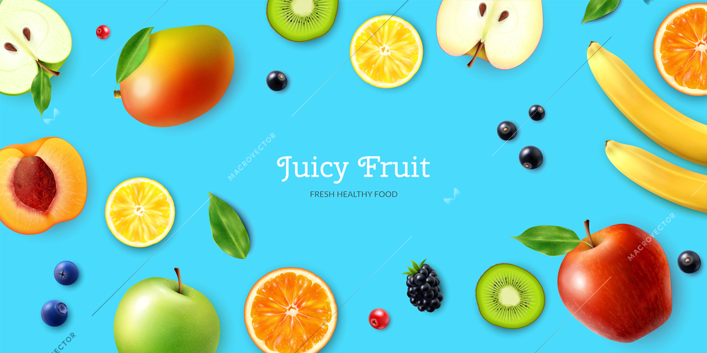 Juicy fruits and berries horizontal poster with lemon orange blueberry banana apple currant on bright blue background realistic vector illustration